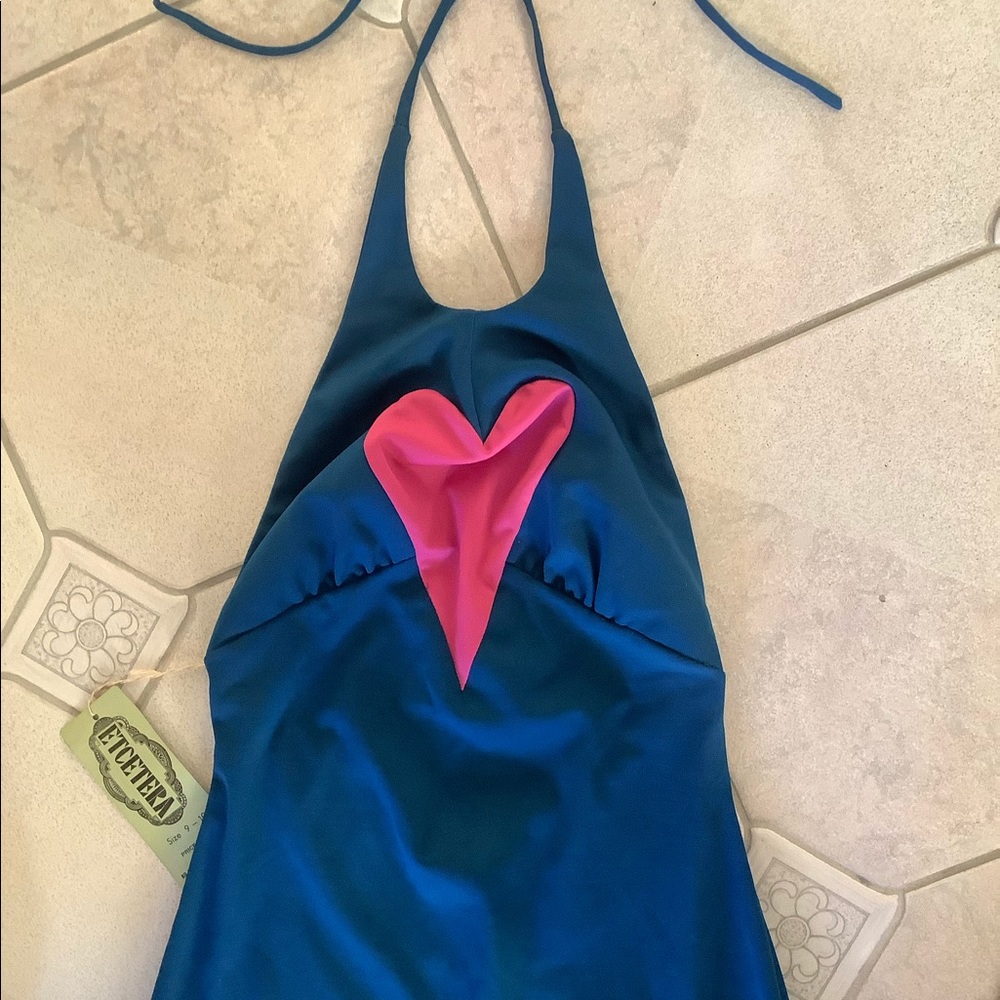 Etcetera maxi halter “pink heart” blue dress.